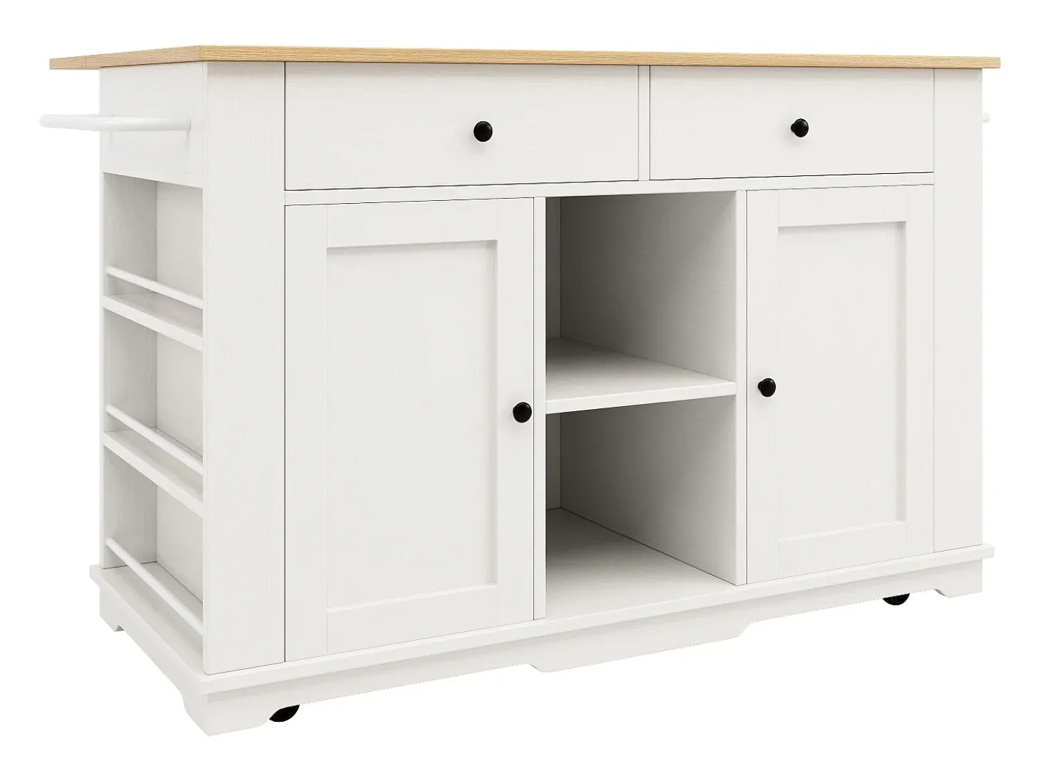 Isla de cocina móvil con 2 puertas, 2 cajones y estantes laterales - Tablero extensible - 151,5x59,7(84,7)x91,7cm - MDF - Blanco
