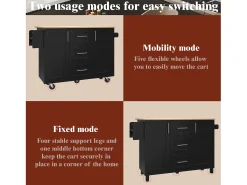 Isla de cocina móvil con 2 puertas, 3 cajones y toallero - Tablero extensible - 134,5 x 46/74 x 90,8 cm - MDF - Negro