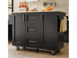 Isla de cocina móvil con 2 puertas, 3 cajones y toallero - Tablero extensible - 134,5 x 46/74 x 90,8 cm - MDF - Negro