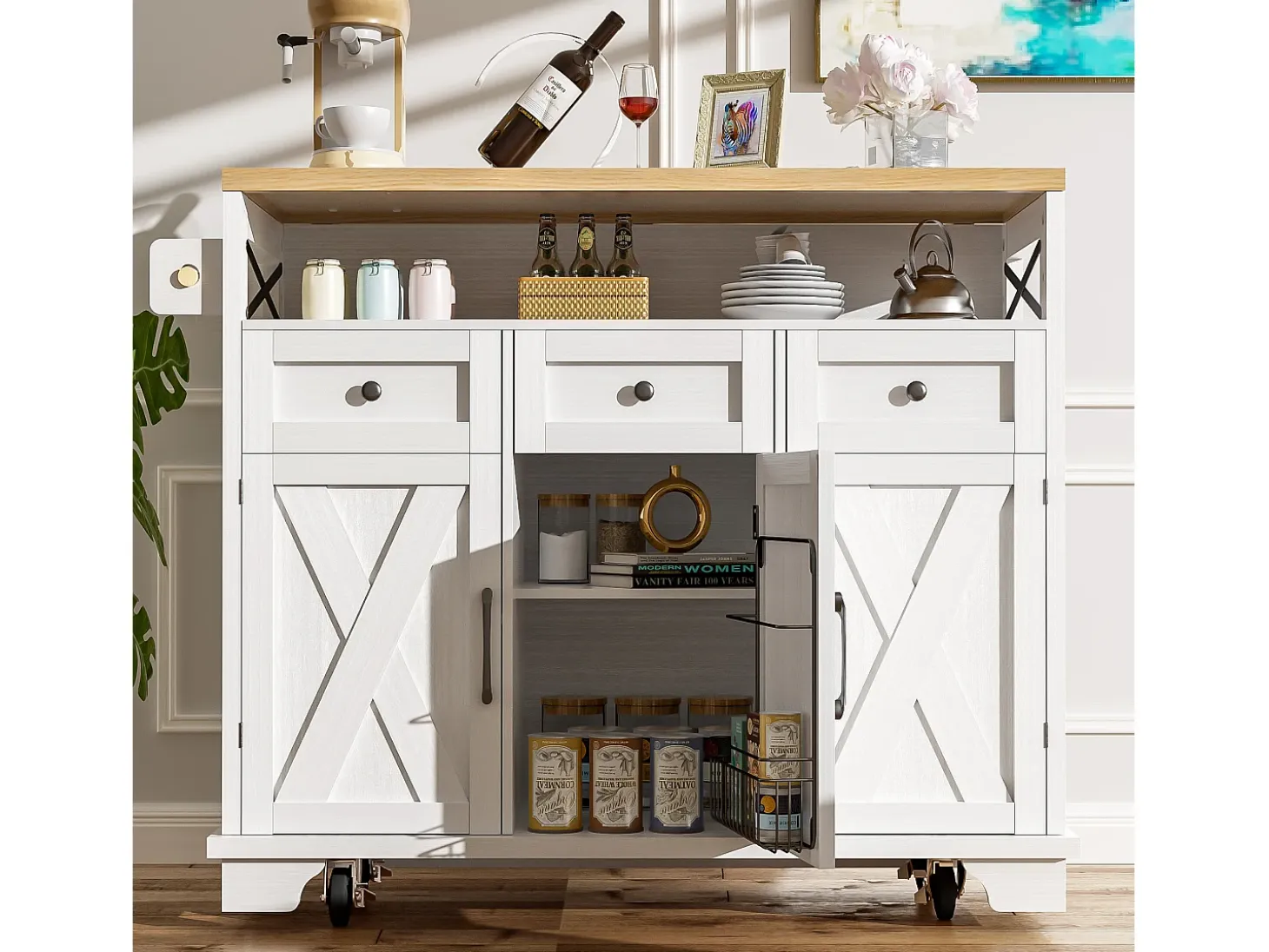 Isla de cocina móvil con 3 cajones, 3 puertas y compartimento - 118 x 43/80 x 98 cm - MDF y metal - Blanco