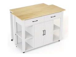 Isla de cocina móvil con 2 cajones y 2 puertas, tomas de corriente - Blanco