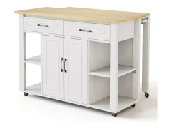 Isla de cocina móvil con 2 cajones y 2 puertas, tomas de corriente - Blanco