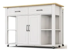 Isla de cocina móvil con 2 cajones y 2 puertas, tomas de corriente - Blanco