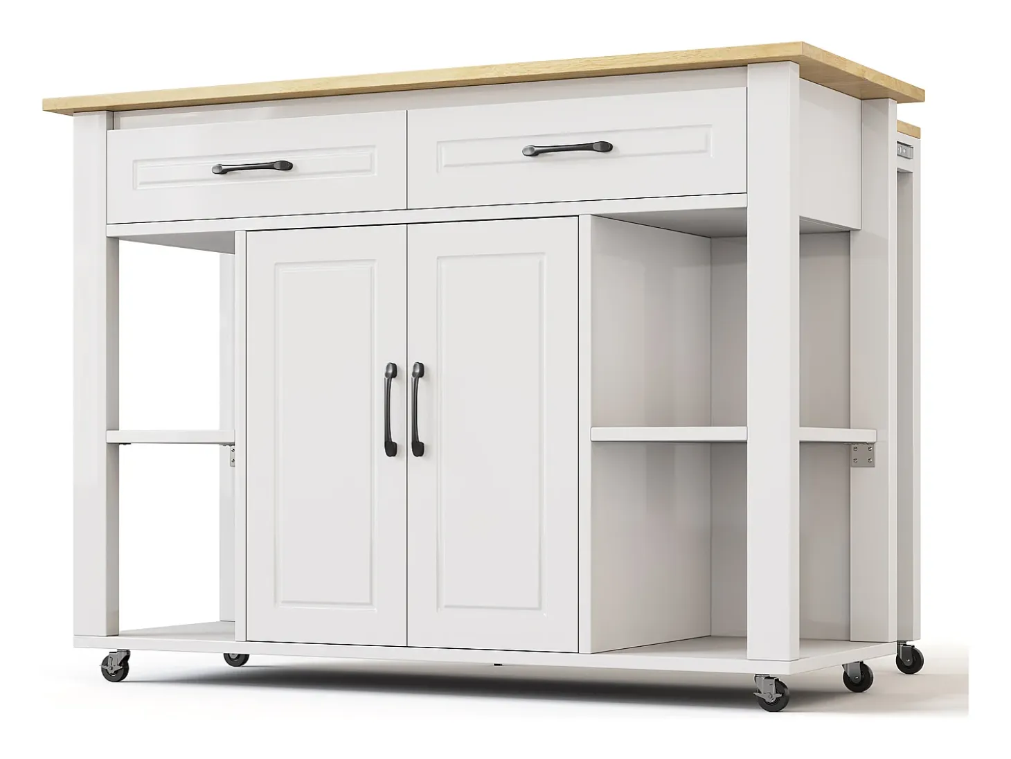 Isla de cocina móvil con 2 cajones y 2 puertas, tomas de corriente - Blanco