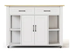 Isla de cocina móvil con 2 cajones y 2 puertas, tomas de corriente - Blanco