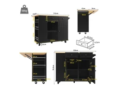 Isla de cocina móvil con 2 cajones, 1 puerta y compartimentos - 120x42/76x91,5cm - MDF y metal - Negro + natural