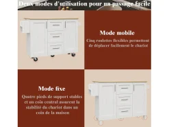 Isla de cocina móvil con 2 puertas, 3 cajones y toallero - Tablero extensible - 134,5 x 46/74 x 90,8 cm - MDF - Blanco