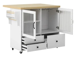 Isla de cocina móvil con 2 puertas de cristal y 3 cajones - Mesa extensible - Blanco