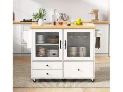 Isla de cocina móvil con 2 puertas de cristal y 3 cajones - Mesa extensible - Blanco