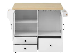 Isla de cocina móvil con 2 puertas de cristal y 3 cajones - Mesa extensible - Blanco