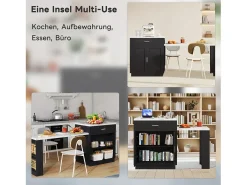Isla de cocina móvil con 2 cajones, 2 puertas y estantes de almacenamiento - 211x55x89,5 cm - MDF - Negro + blanco