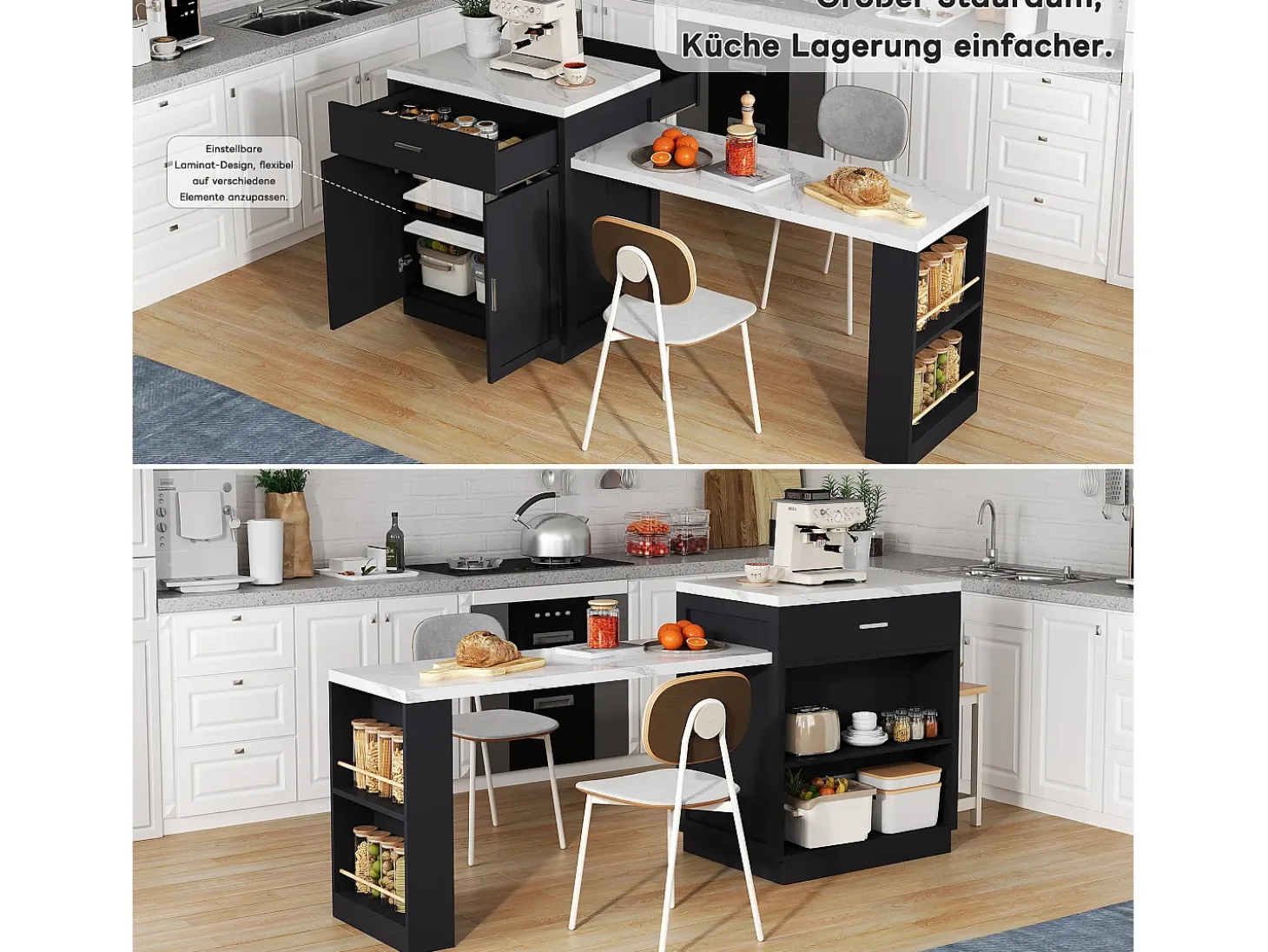 Isla de cocina móvil con 2 cajones, 2 puertas y estantes de almacenamiento - 211x55x89,5 cm - MDF - Negro + blanco