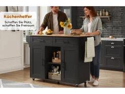 Isla de cocina móvil con encimera abatible - 145 x 45/70 x 94,5 cm - con estantes + 2 puertas + cajón - MDF - negro