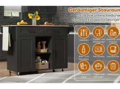 Isla de cocina móvil con encimera abatible - 145 x 45/70 x 94,5 cm - con estantes + 2 puertas + cajón - MDF - negro