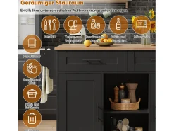 Isla de cocina móvil con encimera abatible - 145 x 45/70 x 94,5 cm - con estantes + 2 puertas + cajón - MDF - negro