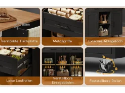 Isla de cocina móvil con encimera abatible - 145 x 45/70 x 94,5 cm - con estantes + 2 puertas + cajón - MDF - negro