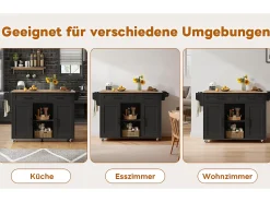 Isla de cocina móvil con encimera abatible - 145 x 45/70 x 94,5 cm - con estantes + 2 puertas + cajón - MDF - negro