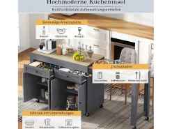 Isla de cocina móvil con encimera extensible, con cajones y ruedas (Gris+Nature) (180,5x45x92,2 cm)