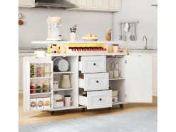 Isla de cocina móvil con encimera abatible - 120 x 42/60 x 93 cm - con 2 puertas + 3 cajones + LED - MDF - blanco