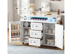 Isla de cocina móvil con encimera abatible - 120 x 42/60 x 93 cm - con 2 puertas + 3 cajones + LED - MDF - blanco