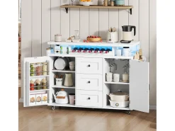 Isla de cocina móvil con encimera abatible - 120 x 42/60 x 93 cm - con 2 puertas + 3 cajones + LED - MDF - blanco