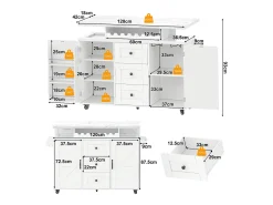 Isla de cocina móvil con encimera abatible - 120 x 42/60 x 93 cm - con 2 puertas + 3 cajones + LED - MDF - blanco