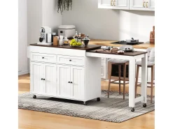 Isla de cocina móvil con encimera extensible y cajones, diseño práctico, MDF, blanco y nogal (180,5x45x92,2 cm)