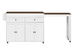 Isla de cocina móvil con encimera extensible y cajones, diseño práctico, MDF, blanco y nogal (180,5x45x92,2 cm)