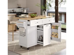 Isla de cocina móvil con encimera extensible + 2 cajones + 3 puertas - 140 x 40/70 x 92 cm - MDF - blanca