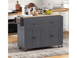 Isla de cocina móvil con encimera abatible, 4 puertas y 2 cajones de almacenamiento - Gris y natural