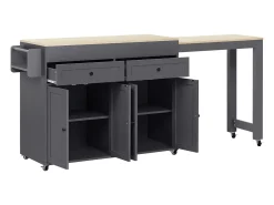 Isla de cocina móvil con encimera abatible, 4 puertas y 2 cajones de almacenamiento - Gris y natural