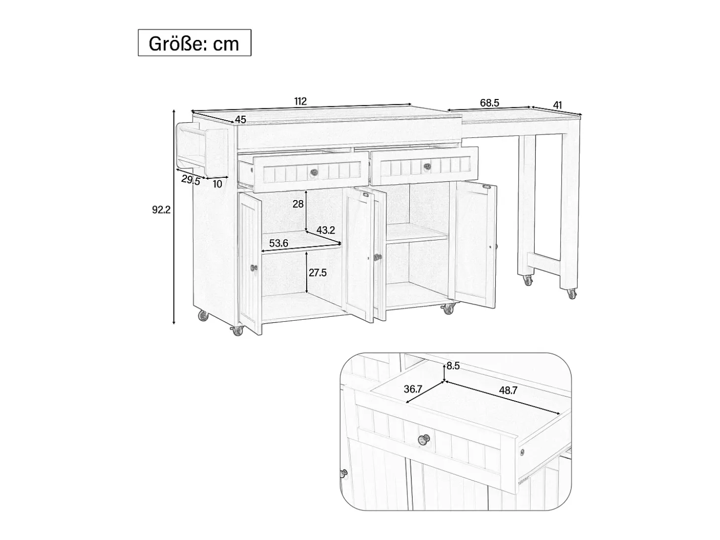 Isla de cocina móvil con encimera abatible, 4 puertas y 2 cajones de almacenamiento - Gris y natural