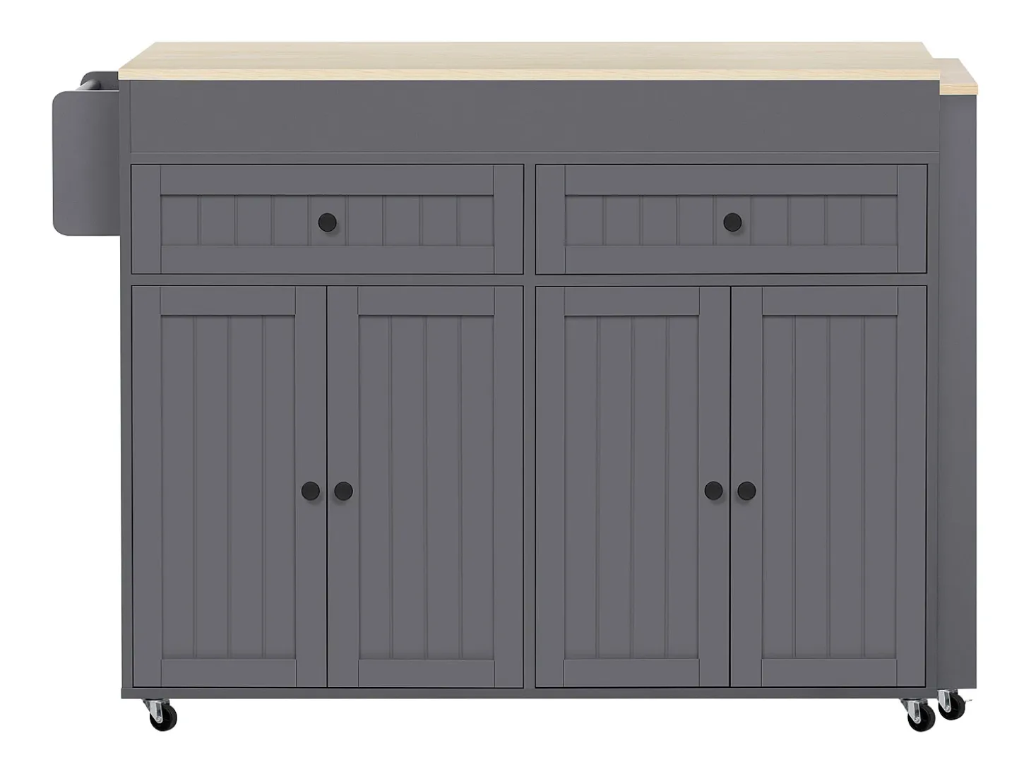 Isla de cocina móvil con encimera abatible, 4 puertas y 2 cajones de almacenamiento - Gris y natural
