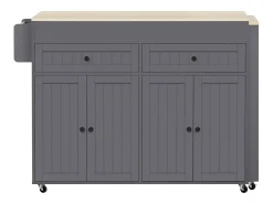 Isla de cocina móvil con encimera abatible, 4 puertas y 2 cajones de almacenamiento - Gris y natural