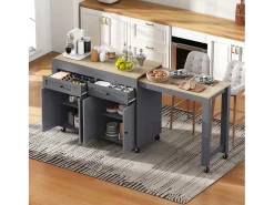 Isla de cocina móvil con encimera abatible, 4 puertas y 2 cajones de almacenamiento - Gris y natural