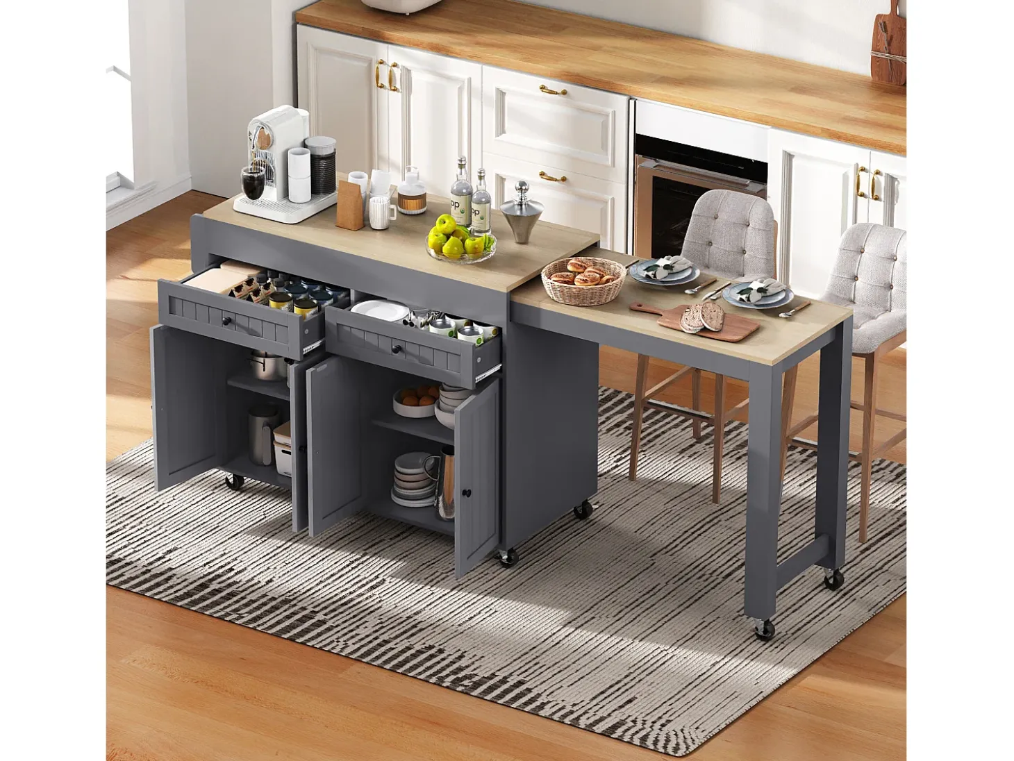Isla de cocina móvil con encimera abatible, 4 puertas y 2 cajones de almacenamiento - Gris y natural