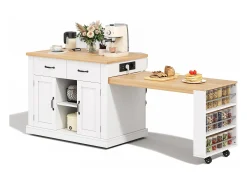 Isla de cocina móvil con mesa extensible - 132/235 x 60 x 93 cm - mesa de bar con estantes + puertas + cajón - MDF - blanco
