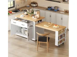 Isla de cocina móvil con mesa extensible - 132/235 x 60 x 93 cm - mesa de bar con estantes + puertas + cajón - MDF - blanco