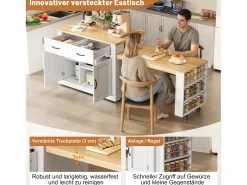 Isla de cocina móvil con mesa extensible - 132/235 x 60 x 93 cm - mesa de bar con estantes + puertas + cajón - MDF - blanco