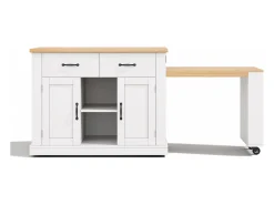 Isla de cocina móvil con mesa extensible - 132/235 x 60 x 93 cm - mesa de bar con estantes + puertas + cajón - MDF - blanco