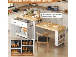 Isla de cocina móvil con mesa extensible - 132/235 x 60 x 93 cm - mesa de bar con estantes + puertas + cajón - MDF - blanco