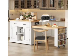 Isla de cocina móvil con mesa extensible - 132/235 x 60 x 93 cm - mesa de bar con estantes + puertas + cajón - MDF - blanco