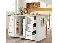 Isla de cocina móvil con mesa plegable - 120 x 45/75 cm x 91 cm - con 2 puertas + 6 cajones - MDF - blanco