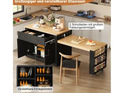 Isla de cocina móvil con mesa extensible - 132/235 x 60 x 93 cm - mesa de bar con estantes + puertas + cajón - MDF - negro