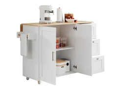 Isla de cocina móvil con tablero abatible - 135 x 44/70 x 90 cm - con 3 cajones + 2 puertas - MDF - blanco