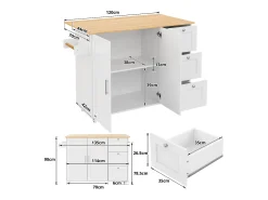 Isla de cocina móvil con tablero abatible - 135 x 44/70 x 90 cm - con 3 cajones + 2 puertas - MDF - blanco