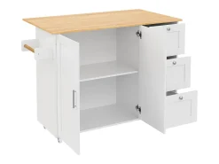Isla de cocina móvil con tablero abatible - 135 x 44/70 x 90 cm - con 3 cajones + 2 puertas - MDF - blanco