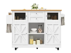 Isla de cocina móvil extensible, MDF y metal, color blanco con tablero de madera (140x40x93,5cm)