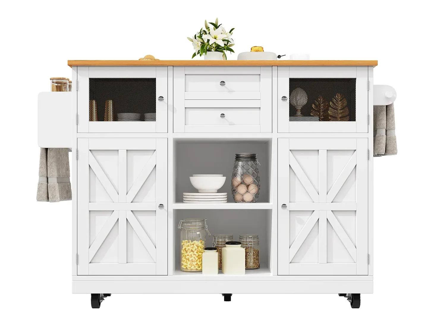 Isla de cocina móvil extensible, MDF y metal, color blanco con tablero de madera (140x40x93,5cm)