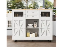 Isla de cocina móvil extensible, MDF y metal, color blanco con tablero de madera (140x40x93,5cm)